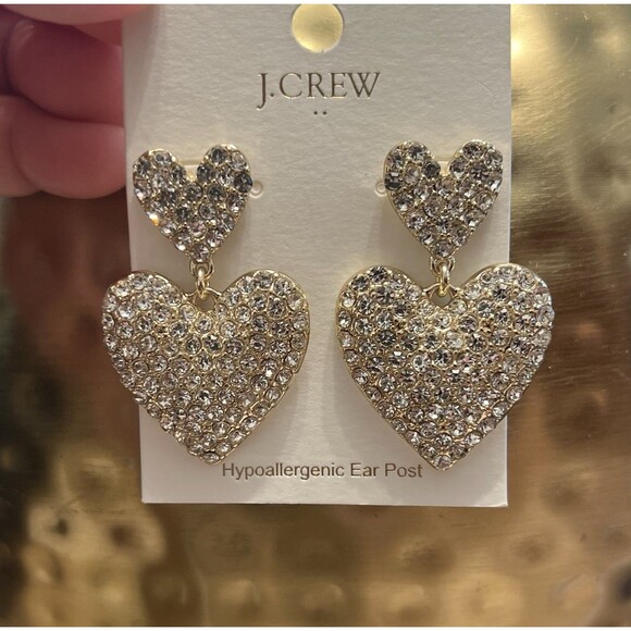 J Crew Clear Glass Crystal Pave Drop Heart Statement Gold Earrings NEW NWT - Picture 1 of 7